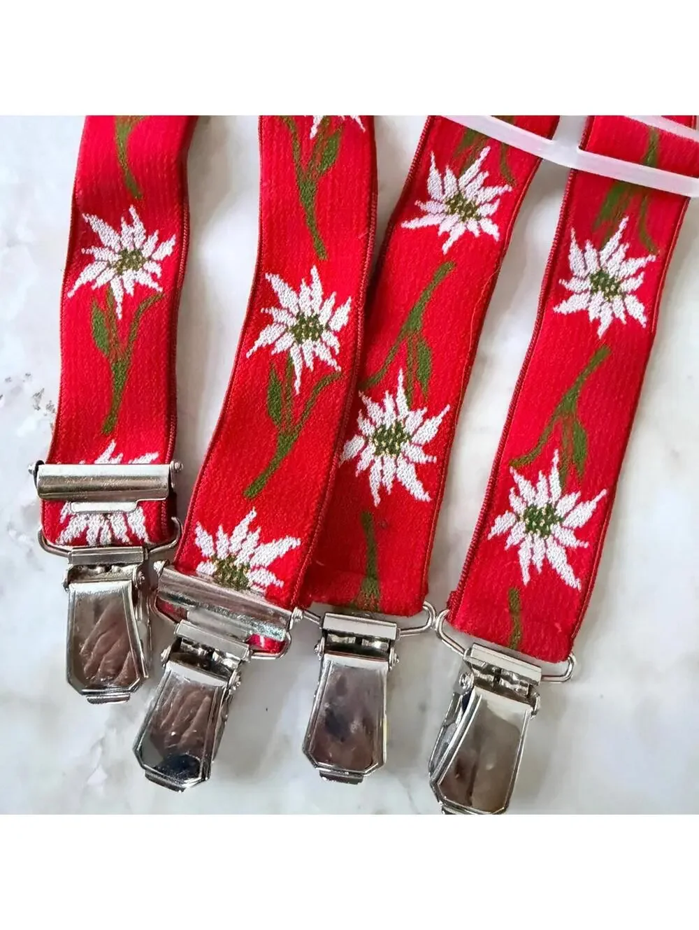 Vintage Kids Red Edelweiss Floral Suspenders Adjustable Clip On Alpine Style